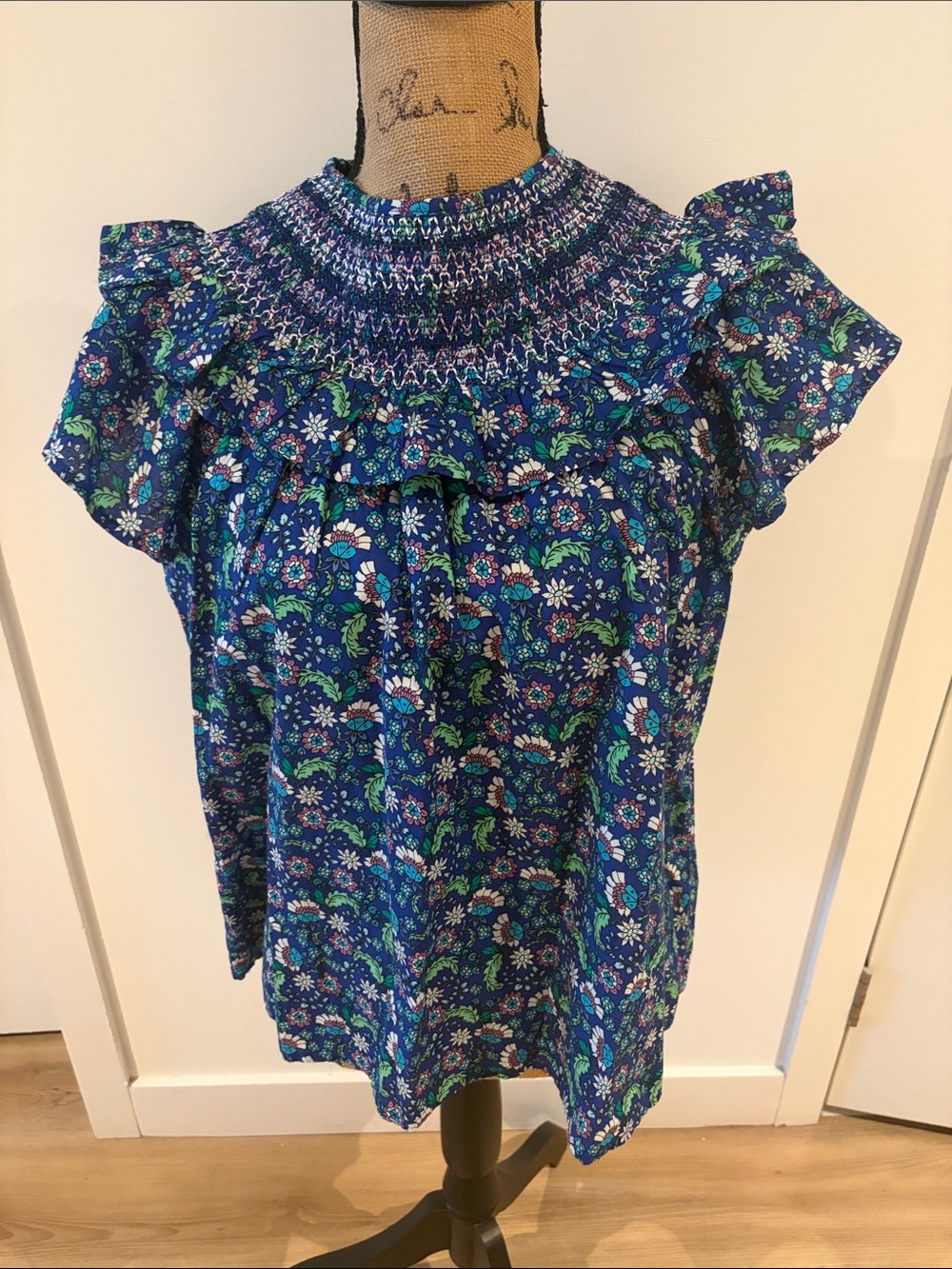 LOFT Blue Floral Smocked Ruffle Sleeve Blouse